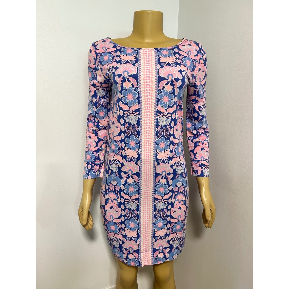 Lilly Pulitzer Blue Pink Floral Pima Cotton Tunic Dress 3/4 Sleeve Womens S